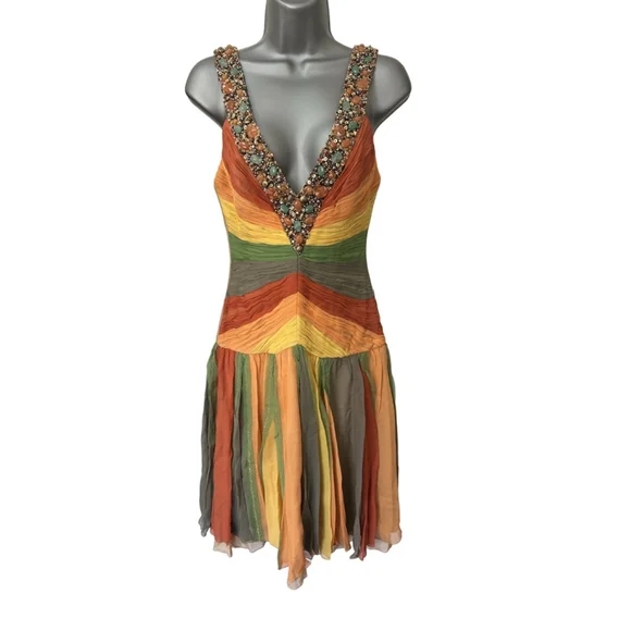 NWT Mandalay 100% Silk Mylticolored Midi Dress w/Gemstone&Beaded embellishment 4 - Picture 1 of 13